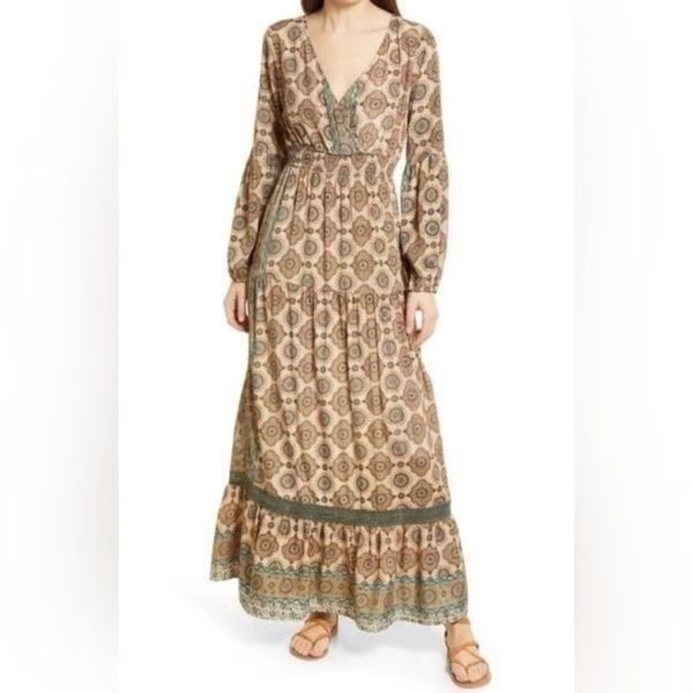 Raga NWT Kasi Long Sleeve Ruffle Maxi Dress Mandala Lace Smocked Boho